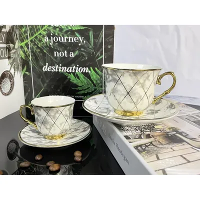 Zdjęcie produktu dla 12-częściowy zestaw do kawy mokka espresso z porcelany ze spodkami filiżanka do kawy o marmurowym wyglądzie filiżanka do kawy ze złotym brzegiem