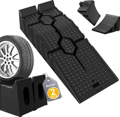 Image de LZQ Kit rampe d'accès & cales pour voiture, antidérapant, stable & robuste | Convient aux voitures, camping-cars & hayons élévateurs, noir