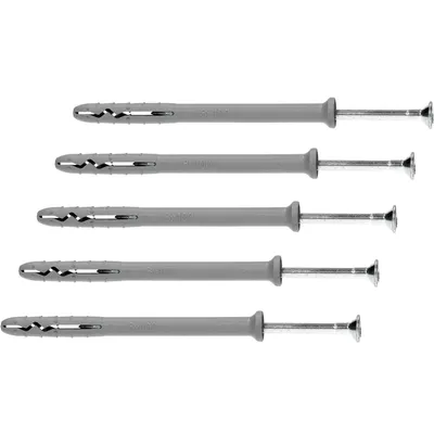 A set of six wall anchors with screws, laid out horizontally against a white background.