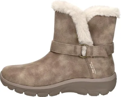 A side view of a single brown boot with faux fur trim.