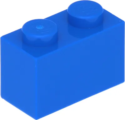 A single blue Lego brick with two studs on top, isolated on a white background.