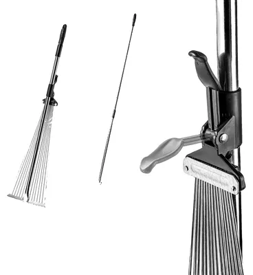 Obrázok produktu pre Nastaviteľné záhradné hrable, oceľové, dĺžka 78–166 cm, šírka hlavy 60 cm, ergonomická rukoväť, univerzálne na lístie a trávu