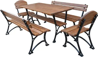 Produktbild von Casa Padrino Jugendstil Gartenmöbel Set Braun / Schwarz - 1 Tisch & 2 Sitzbänke & 2 Stühle - Garten & Gastronomie Möbel Massivholz