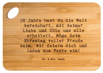 Produktbild von Mr. & Mrs. Panda Schneidebrett Spruch 98. Geburtstag - Transparent - Geschenk, Frühstücksbrettchen, Geburtstagsfeier, Geburtstagsgeschenk, Menschen, Alter, Güte, Brett