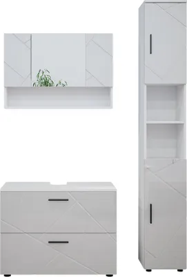 A set of white, high-gloss bathroom furniture, including a wall-mounted cabinet with a mirror, a vanity unit with two drawers, and a tall storage cabinet.