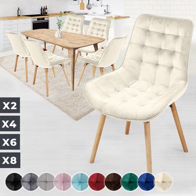 MIADOMODO® Esszimmerstühle - Creme, 6er Set, Sitzfläche aus Samt, Gepolstert, Gesteppt, Beine aus Buchenholz, mit Rückenlehne - Polsterstuhl