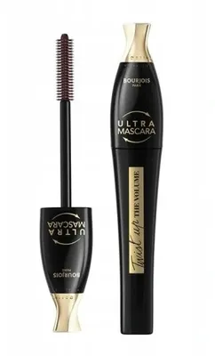 A black and gold mascara tube and wand are displayed against a white background.