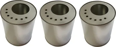 Three identical metal containers are arranged in a row against a white background.