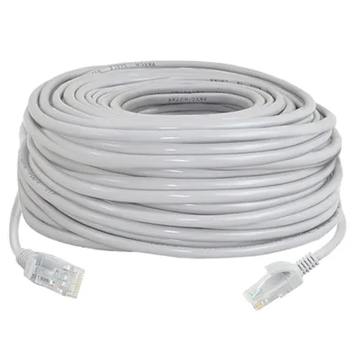 A coiled network cable with RJ45 connectors on both ends, presented on a white background.