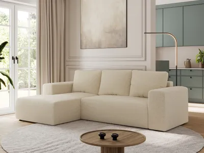 Produktbild von MKS MEBLE Sofa mit Schlaffunktion - Ecksofa mit Schlaffunktion und Bettkasten - Sofa 3 Sitzer - Schlafsofa - Couch - Schlafsofa mit Bettkasten - Trentino L - Beige Boucle - Links