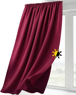 A burgundy curtain is shown hanging in front of a window.