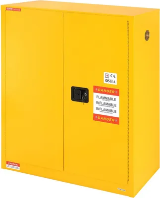 Imagen del producto de Armario de seguridad para líquidos inflamables, de 30 galones, fabricado en acero laminado en frío. Armario de almacenamiento para líquidos inflamables, de 109,5 x 46 x 127,2 cm (43,1 x 18,1 x 50,1 pulgadas), a prueba de explosiones, con 1 estante ajustable y 2 puertas de cierre manual, para uso industrial, color amarillo