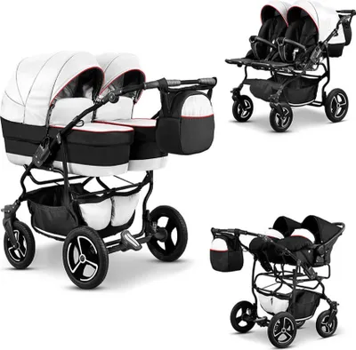 Produktbild von Zwillingskinderwagen Twin Star 4 in 1 Set in Weiß-Schwarz - 13 Teile - in 16 Farben erhältlich