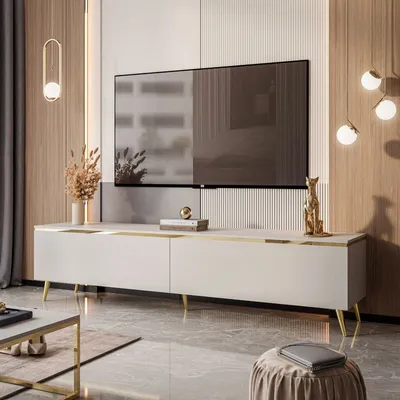 Produktbild von YOURHOUSE24 Lowboard AURORA Kaschmir Hängende TV-Schrank oder auf Beinen 180 cm (Ausführung:  Stehend- schräge gold Chrom Beine)