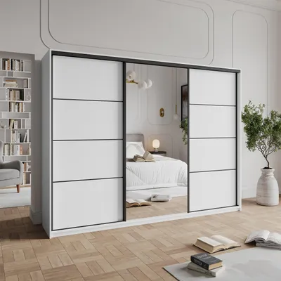 Produktbild von Masseno Schiebetürenschrank VARO 250/205/60 cm Kleiderschrank mit 4 Schubladen Schlafzimmer Schrank 3-türig mit Spiegel Weiß