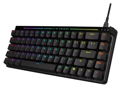 A black gaming keyboard with RGB lighting.