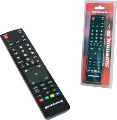 A product shot of a remote control in its packaging, and another remote control next to it.