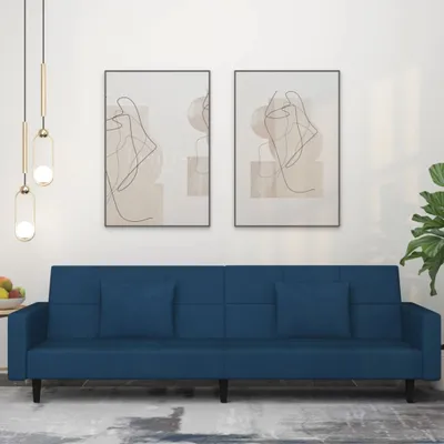 Produktbild von Design Schlafsofa 2-Sitzer mit 2 Kissen Blau Samt, Schlafsofas 2024 Neu