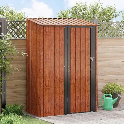 Imagen del producto de Caseta de jardín, cobertizo para herramientas, caseta de jardín, cobertizo, jardín, caseta, armario para herramientas, armario de jardín, color marrón, 140,5 x 74 x 200 cm, metal