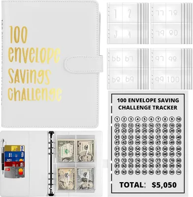 Produktbild von 100 Tage Spar Challenge Binder, 100 Umschläge Sparmappe Budgetplaner