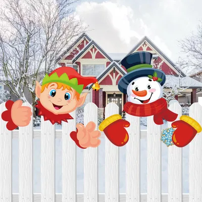 Weihnachtself & Schneemann Guck-Guck Zaun-Deko, 2 Stück