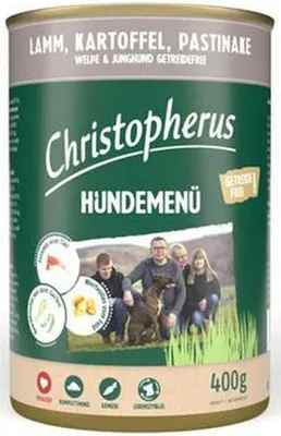 Produktbild von Christopherus Hundemenü Junior mit Lamm, Kartoffel, Pastinake 400 g, Junior, jede Rasse, Lamm, Pastinake, Kartoffel, 400 g, Ohne Soja