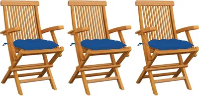 Produktbild von BESTE 2022© Outdoor-Stuhl Stilvollen mit robustem ,Gartenstühle mit Blauen Kissen 3 Stk. Massivholz Teak Relaxsessel Armlehnstuhl mit Premium & schlichten Design *HOM