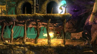 A scene from a video game with a creature on a platform and another creature in the foreground.