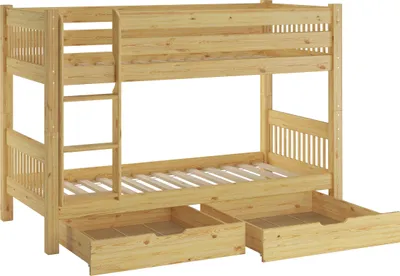 Produktbild von Kinderstockbett aus Massivholz mit wählbarem Zubehör, Liegefläche 90x200 V-60.12-09Ni70Rollrost und Doppelbettkasten inkl.