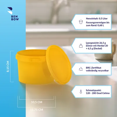 Produktbild von BenBow Eimer mit Deckel 0,5L x1000 Gelb - lebensmittelecht, stabil, luftdicht, auslaufsicher, geruchsneutral - Plastikeimer mit Henkel - leer