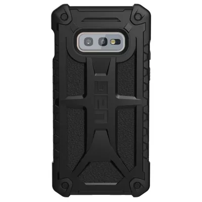 A black UAG phone case for a Samsung Galaxy S10e is shown from the back.