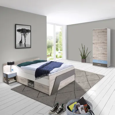 Produktbild von Jugendzimmer Set mit 140x200cm Bett LEEDS-10 in Sandeiche Nachbildung mit weiß, Lava und Denim Blau