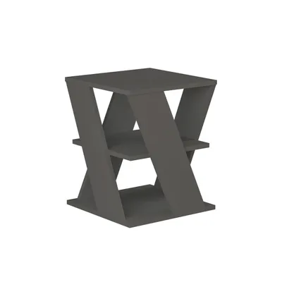 A dark gray side table with a unique 'X' shaped design and two shelves.