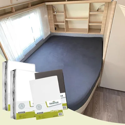 Produktbild von Dexitex Spannbettlaken Wohnmobil 4er Set – 2 Spannbettlaken + 2 Molton-Matratzenschoner – Französisches Bett Wohnwagen & Wohnmobil – Rechts