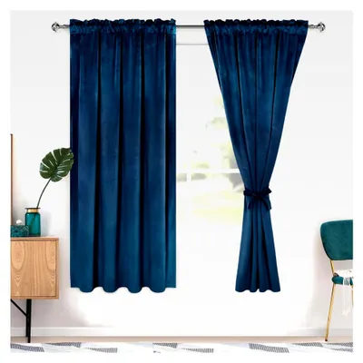 Produktbild von Samtvorhänge, 160 cm, Verdunkelungsstabentasche, wärmeisoliert, weiche Vorhänge, Raumverdunkelung, Fenstervorhänge mit Raffhaltern, für Schlafzimmer, Wohnzimmer, 52 Wx63 L, Marineblau