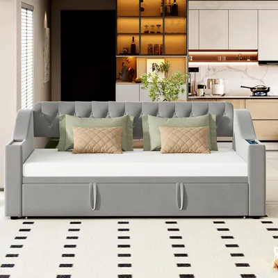 Zdjęcie produktu dla Łóżko tapicerowane Łóżko dzienne Rozkładana sofa 90/180*190 cm, sofa z oparciem/podłokietnikami, złącze USB do ładowania, zintegrowane schowki w podłokietnikach, kieszenie do przechowywania, aksamit, szary
