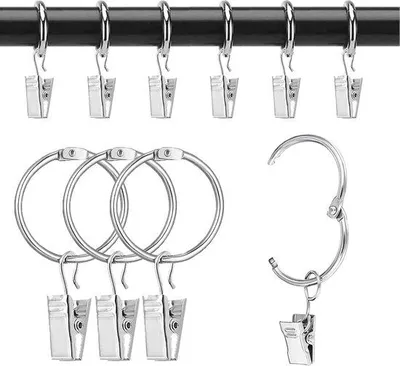 Produktbild von Famanu Gardinenringe mit Clips - 50 Stück, 32 mm Innendurchmesser, Metall Gardinenhaken für silberne Gardinen