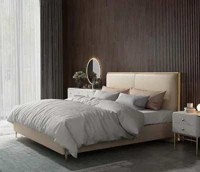 Produktbild von Bett Polster Design Luxus Doppel Betten Beige180x200cm Schlaf Zimmer Leder Hotel