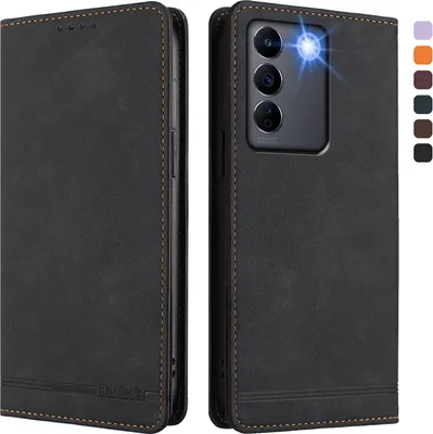 Produktbild von Hülle für Vivo V27E, Retro Kunstleder Ständer Klapphülle mit Kartenfächer und Magnetische Schwarz