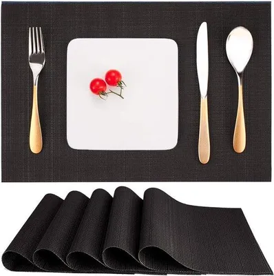 Produktbild von Vinyl-Placemats-Set mit 6 Stücken, Waschbar und Hitzebeständig, Antislip, für Küche, Familie, Restaurant und Kaffeebar (Schwarz)