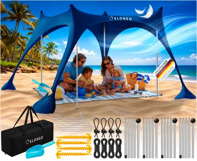 Produktbild von ELONEO Strandzelt Sonnensegel LSF 50+ UV Schutz Windschutz Strand Zubehör Zelt, Blau - 228x214x200 cm