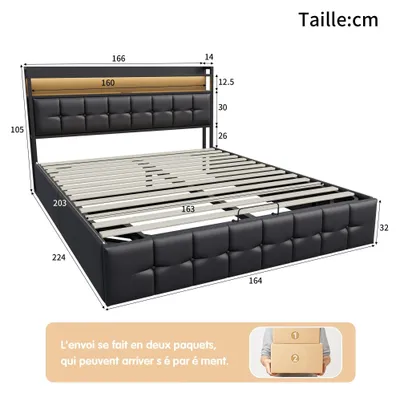 Produktbild von Bett - Polster-Doppelbett 160x200 cm - Mit Stauraum - LED-Beleuchtung & USB - Kopfteil, Holzrahmen - Kunstleder (PU)