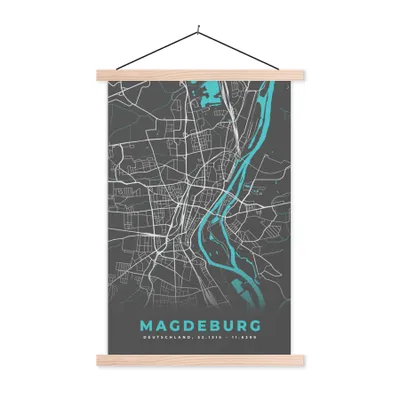 Produktbild von MuchoWow® Textilposter Blau - Deutschland - Karte - Stadtplan - Magdeburg 120x180 cm mit holzfarbenen Rahmen - Textil-Plakat