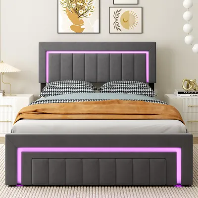 Produktbild von okwish Polsterbett 140×200 mit Schubladen und Rollen,LED,Jugendbett,Doppelbett mit mit Stauraum-Bettkasten,Boxspringbett Grau,ohne Matratze