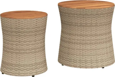 Two beige poly rattan side tables with wooden tops are shown against a white background.