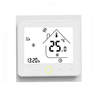 A digital thermostat display showing the current temperature, time, and icons.