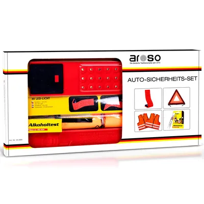 Obrázek produktu pro Bezpečnostní sada do auta - 2x výstražná vesta / trojúhelník / alkoholtester / LED svítilna