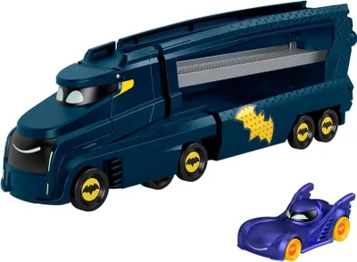 A toy Batmobile transporter truck and a Batmobile car.