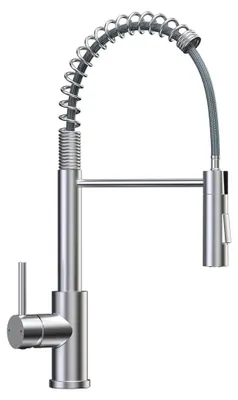 Produktbild von Küchenarmatur, Hochdruck mit ausziehbarer Brause, Mischbatterie mit zwei Sprühfunktionen, hoher Bogen und 360° Drehung, gebürsteter Edelstahl