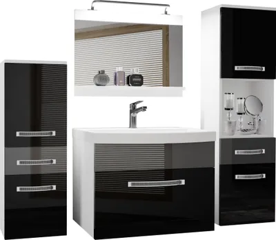 Produktbild von BELINI Badmöbel Vollausstattung Set Waschbeckenschrank, 1x kleiner Schrank, 1xHochschrank, Waschbecken, Spiegel, Lampe (Schwarz/ Silber, Glänzend und Matt)